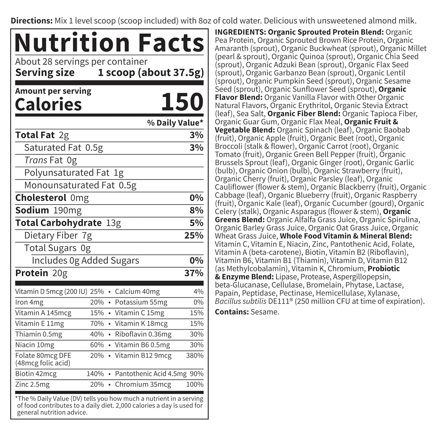 Garden of Life Vegan Protein Powder - Raw Organic Meal Replacement Shakes - Vanilla - Pea Protein, Greens and Probiotics for Women and Men, Plant Based Dairy Free All in One Shake, 28 Servings